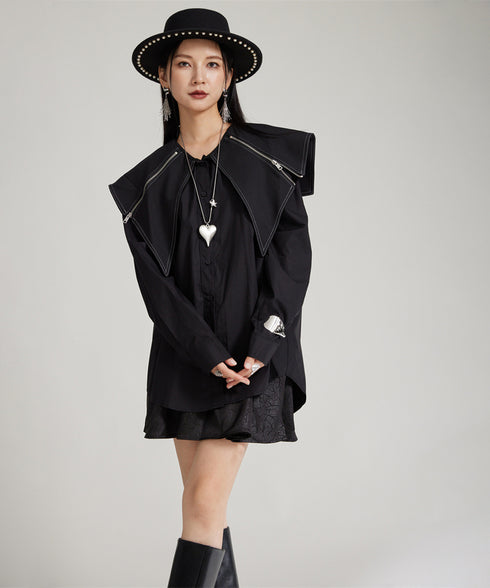 Zipper Big Collar Blouse