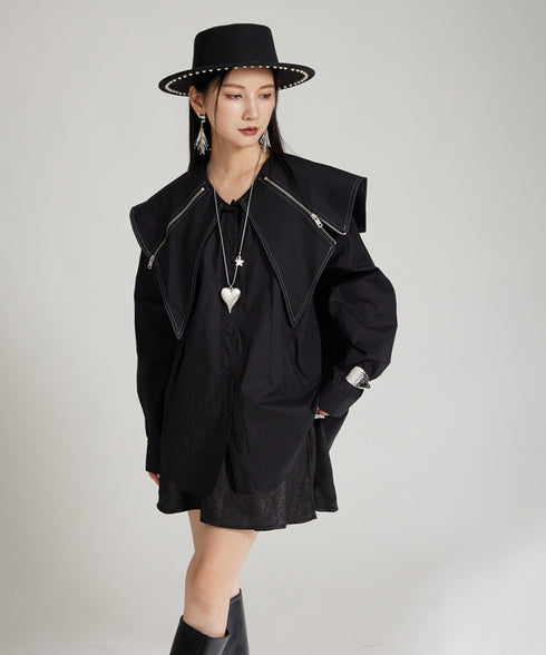 Zipper Big Collar Blouse