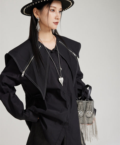 Zipper Big Collar Blouse