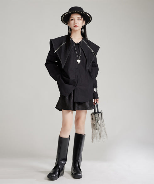 Zipper Big Collar Blouse