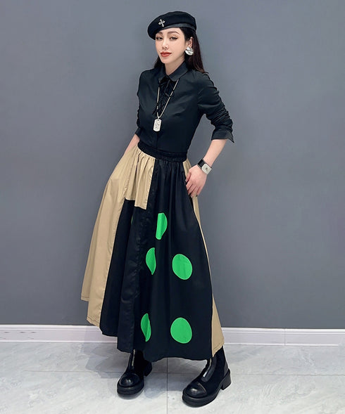 Dot Print Blocking Flare Skirt