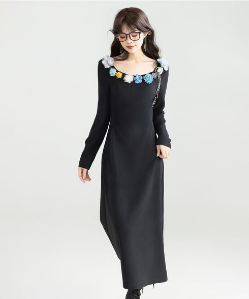 Flower Decoration U-neck Dress