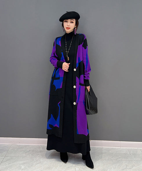 Blocking Collar Long Knit Cardigan