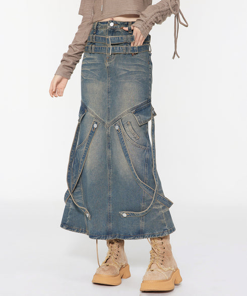 Ribbon Splicing Denim Skirt