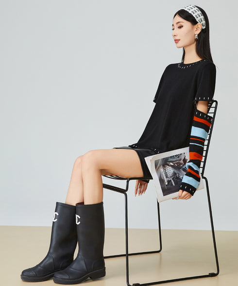 Striped Cut-out Sleeve Sweater