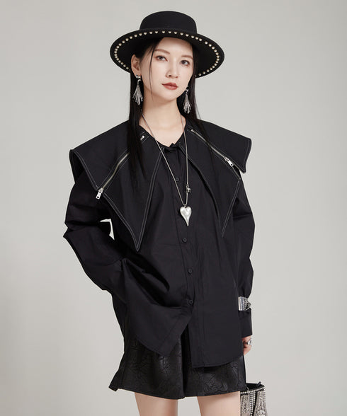 Zipper Big Collar Blouse