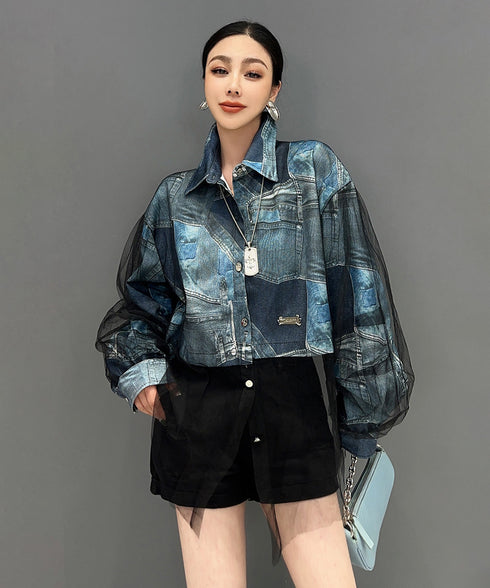 Print Denim Blouse