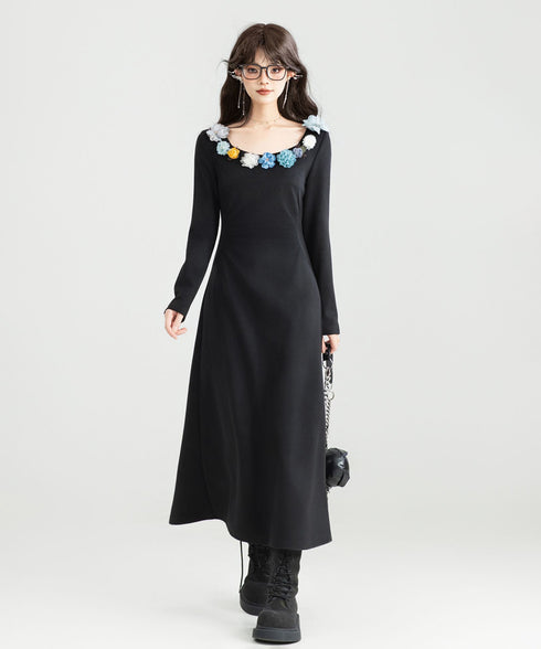 Flower Decoration U-neck Dress