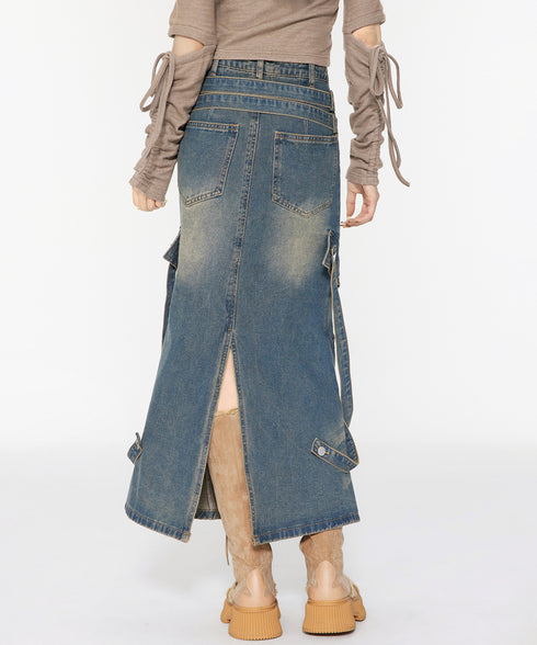 Ribbon Splicing Denim Skirt