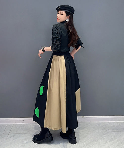 Dot Print Blocking Flare Skirt