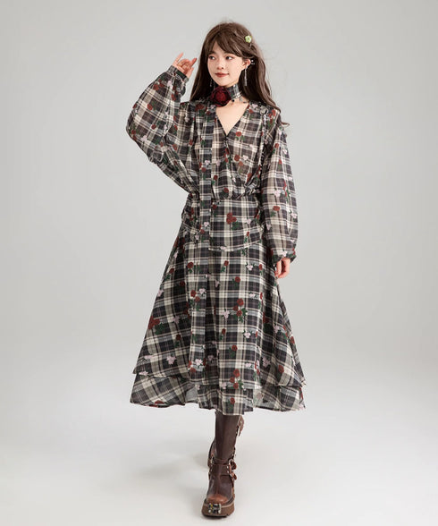 V-neck Flower Check Dress