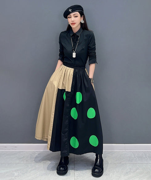 Dot Print Blocking Flare Skirt