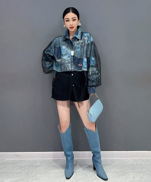 Print Denim Blouse