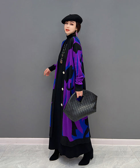 Blocking Collar Long Knit Cardigan