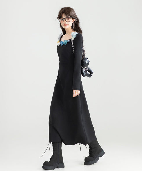 Flower Decoration U-neck Dress