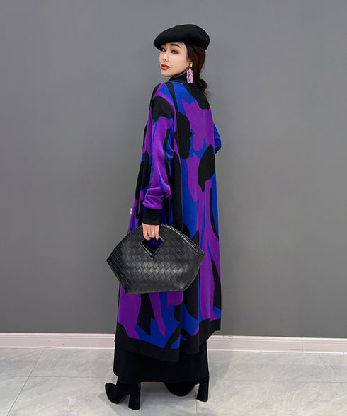 Blocking Collar Long Knit Cardigan