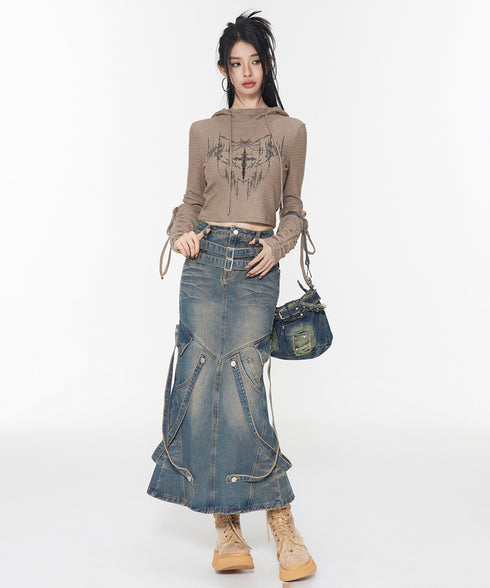 Ribbon Splicing Denim Skirt