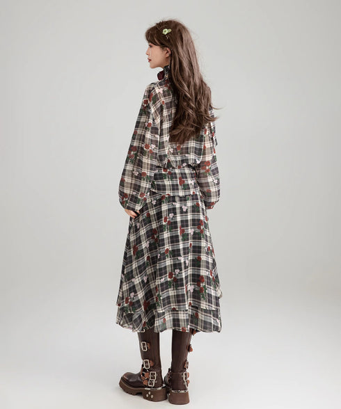 V-neck Flower Check Dress