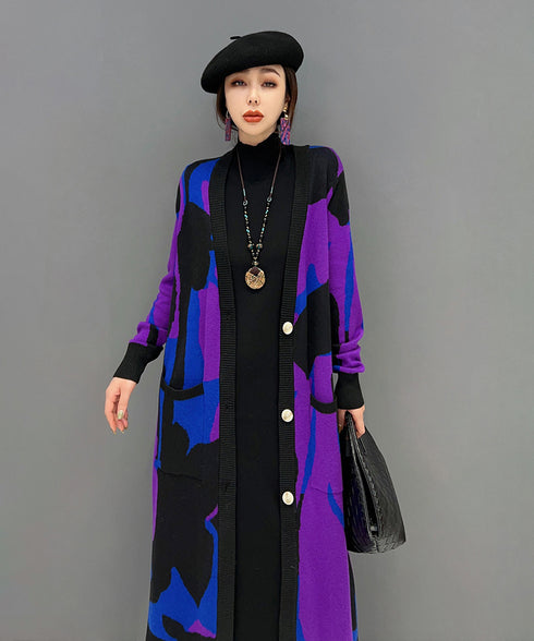 Blocking Collar Long Knit Cardigan