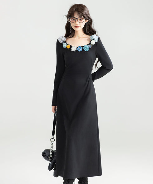 Flower Decoration U-neck Dress