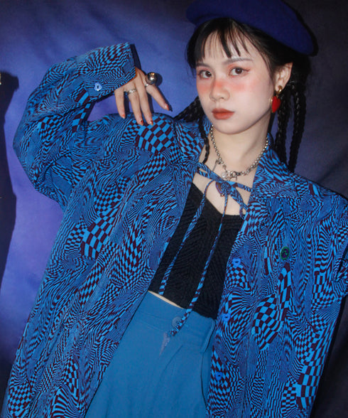 Checkerboard Drawstring Blouse