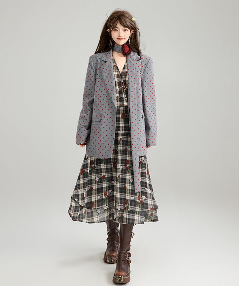 V-neck Flower Check Dress