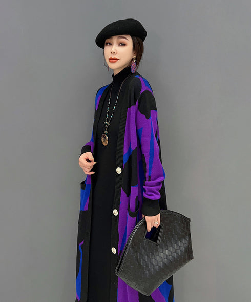 Blocking Collar Long Knit Cardigan