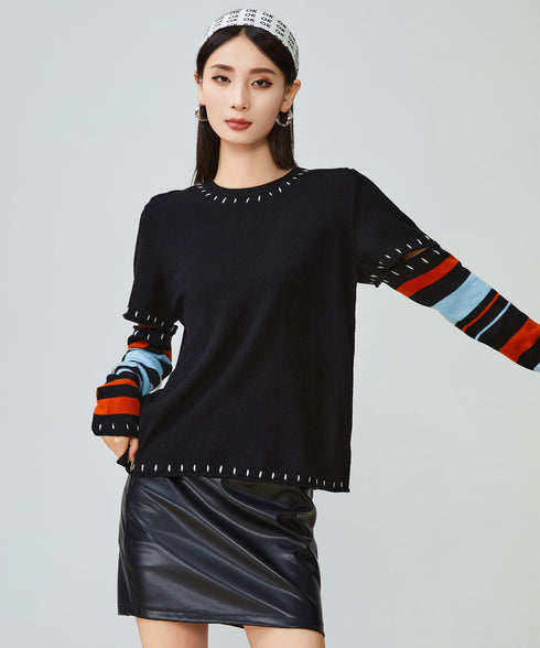 Striped Cut-out Sleeve Sweater