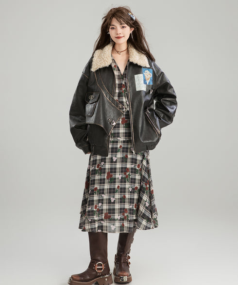 V-neck Flower Check Dress