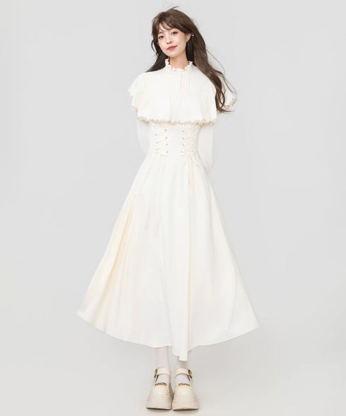Lace Trim Cape Corset Long Dress
