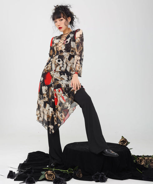 Photo Print Lace-up Dress