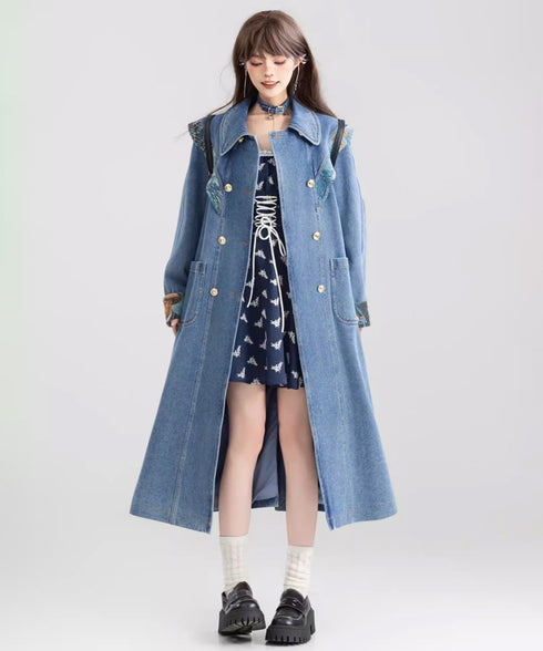 Art Print Sailor Collar Denim Long Coat
