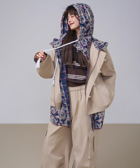 Washed Check Hooded Jacket