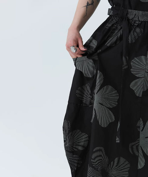 Drawstring Leaf Print Skirt