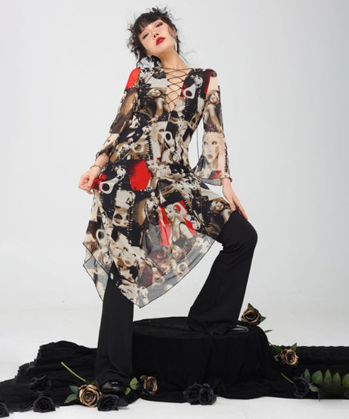 Photo Print Lace-up Dress