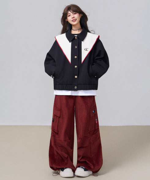 Corduroy Cat Embroidery Cargo Pants