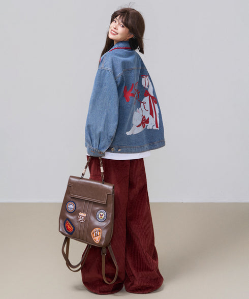 Corduroy Cat Embroidery Cargo Pants