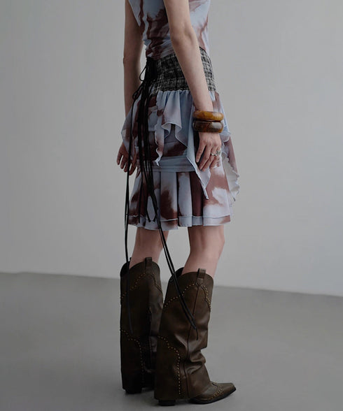 Smoke Dye Ruched Flounce Skirt