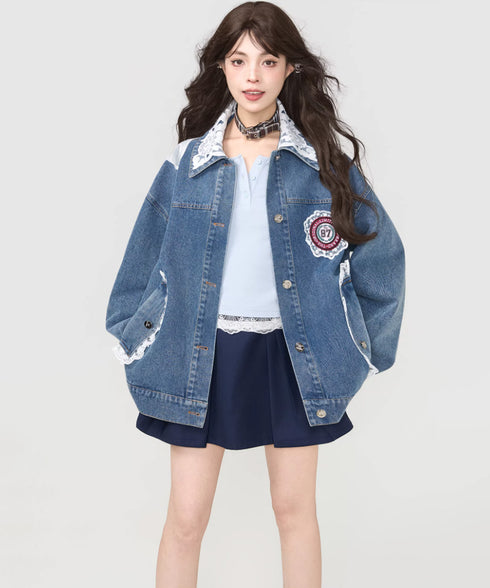 Lace Collar Butterfly Denim Jacket