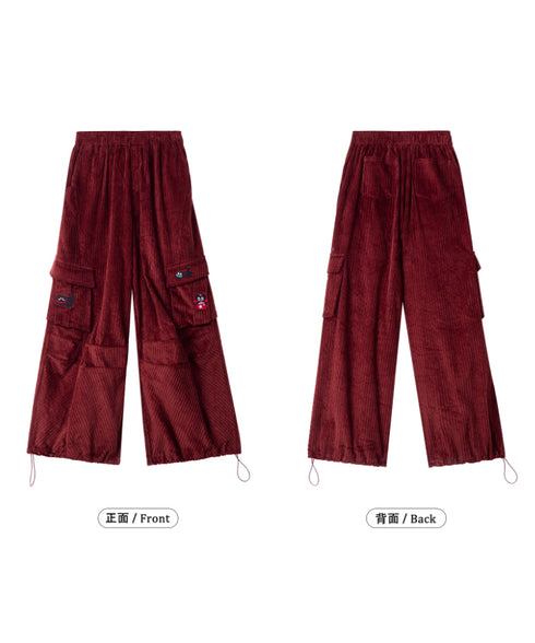 Corduroy Cat Embroidery Cargo Pants