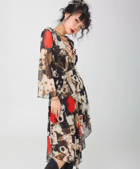 Photo Print Lace-up Dress
