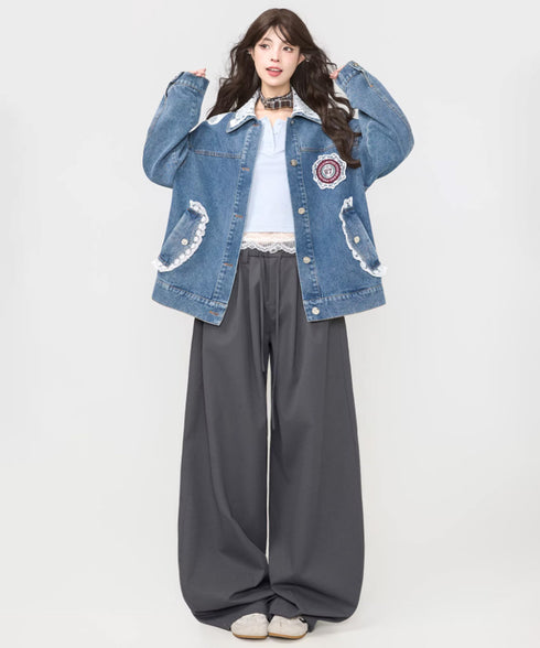 Lace Collar Butterfly Denim Jacket
