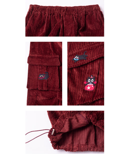 Corduroy Cat Embroidery Cargo Pants