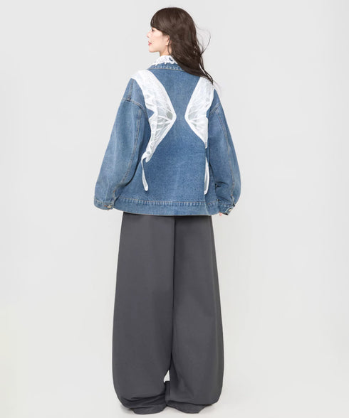 Lace Collar Butterfly Denim Jacket