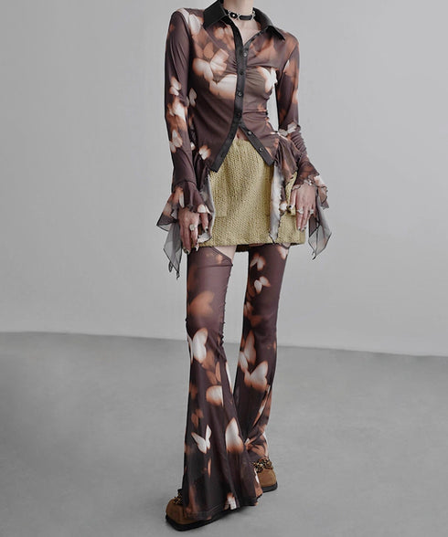 Mesh Suspender Flared Pants