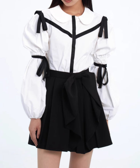 Ribbon Trim Puff Sleeve Blouse