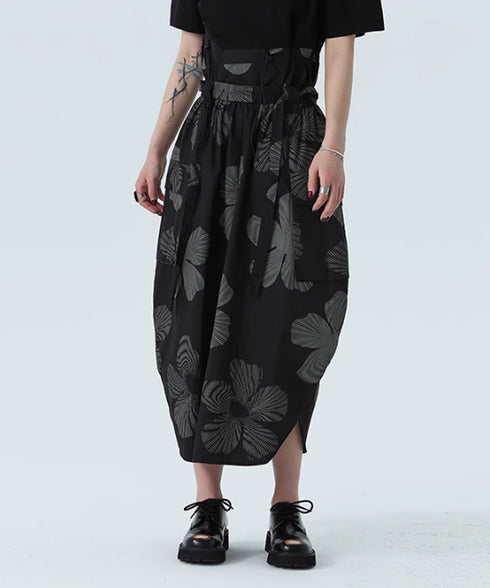 Drawstring Leaf Print Skirt