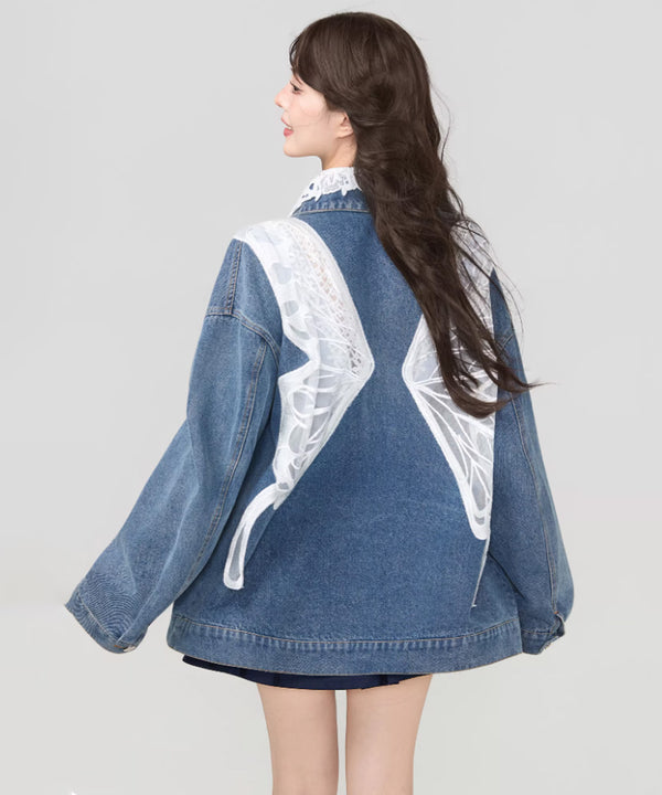 Lace Collar Butterfly Denim Jacket