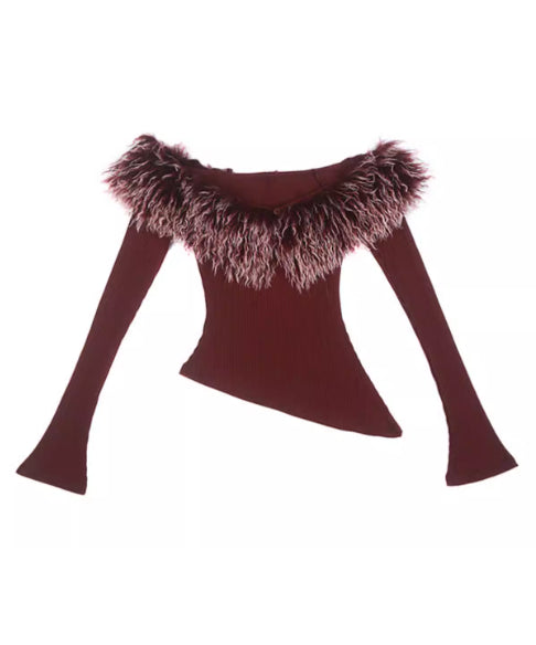 Feather Trim Offshoulder Knit Top
