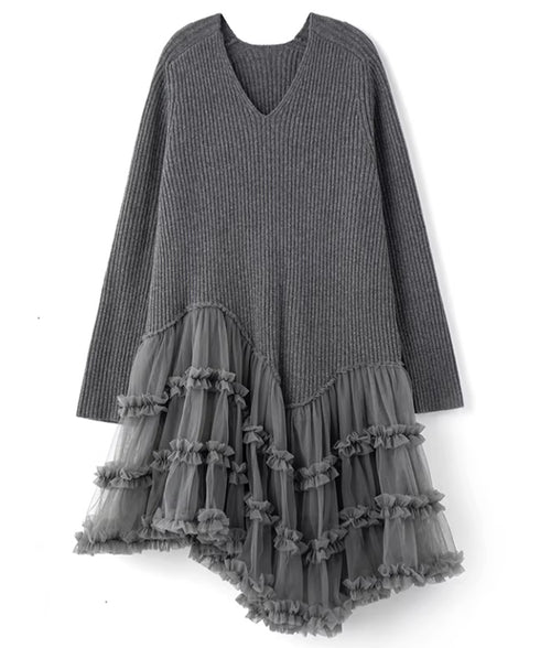 Rib Knit Tulle Layer Dress